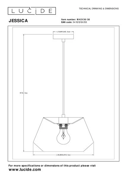 Lucide JESSICA - Suspension - Ø 30 cm - 1xE27 - Noir - technique